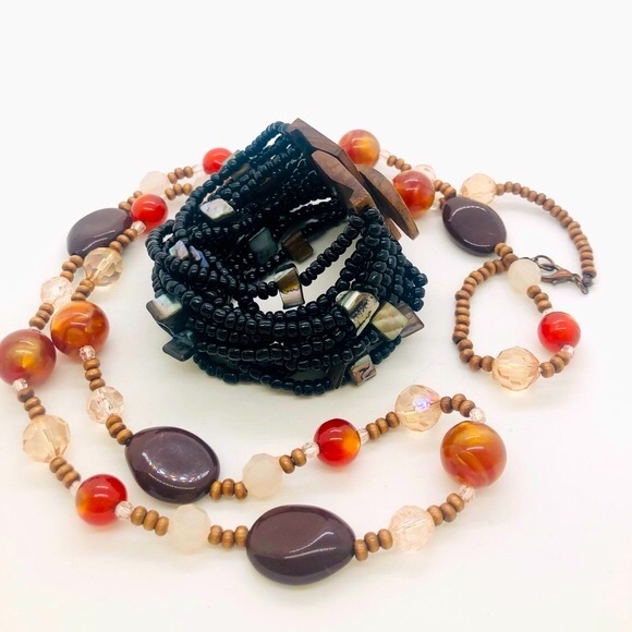 Vintage Glass Bead Necklace & Multi Strand Wood Buckle Bracelet - Picture 15 of 15